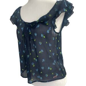 Hollister Boho Flora  Short Sleeve Top Navy Blue Sheer Blouse Sz S  Dainty Bow